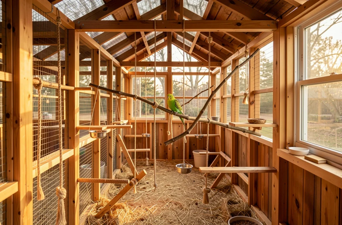 Grande volière d'intérieur équipée de perchoirs et de gamelles pour un kakariki