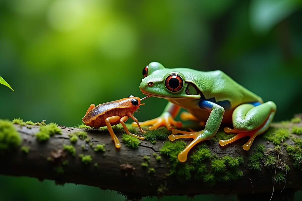 Grenouille mangeant une criquet sur une branche mousseuse en forêt tropicale