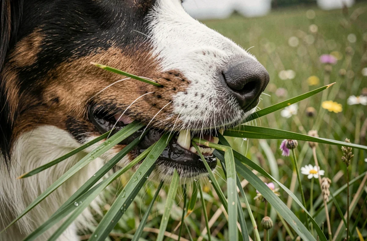 Gros plan du museau d'un border collie en train de mâcher de l'herbe dans une prairie