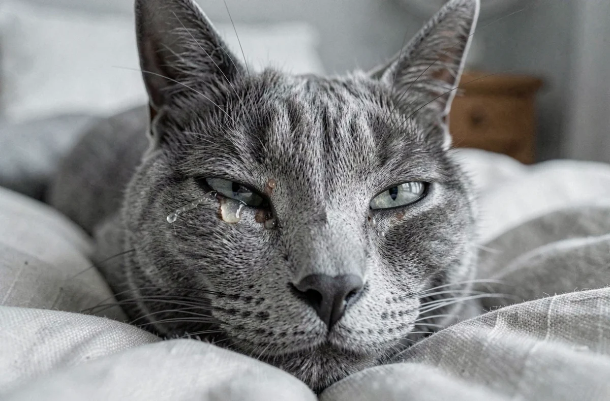 Gros plan sur l'œil larmoyant d'un chat British Shorthair gris avec des sécrétions visibles