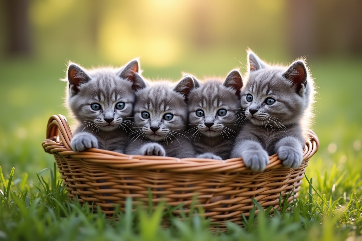 Plusieurs chatons gris dans un panier en plein air