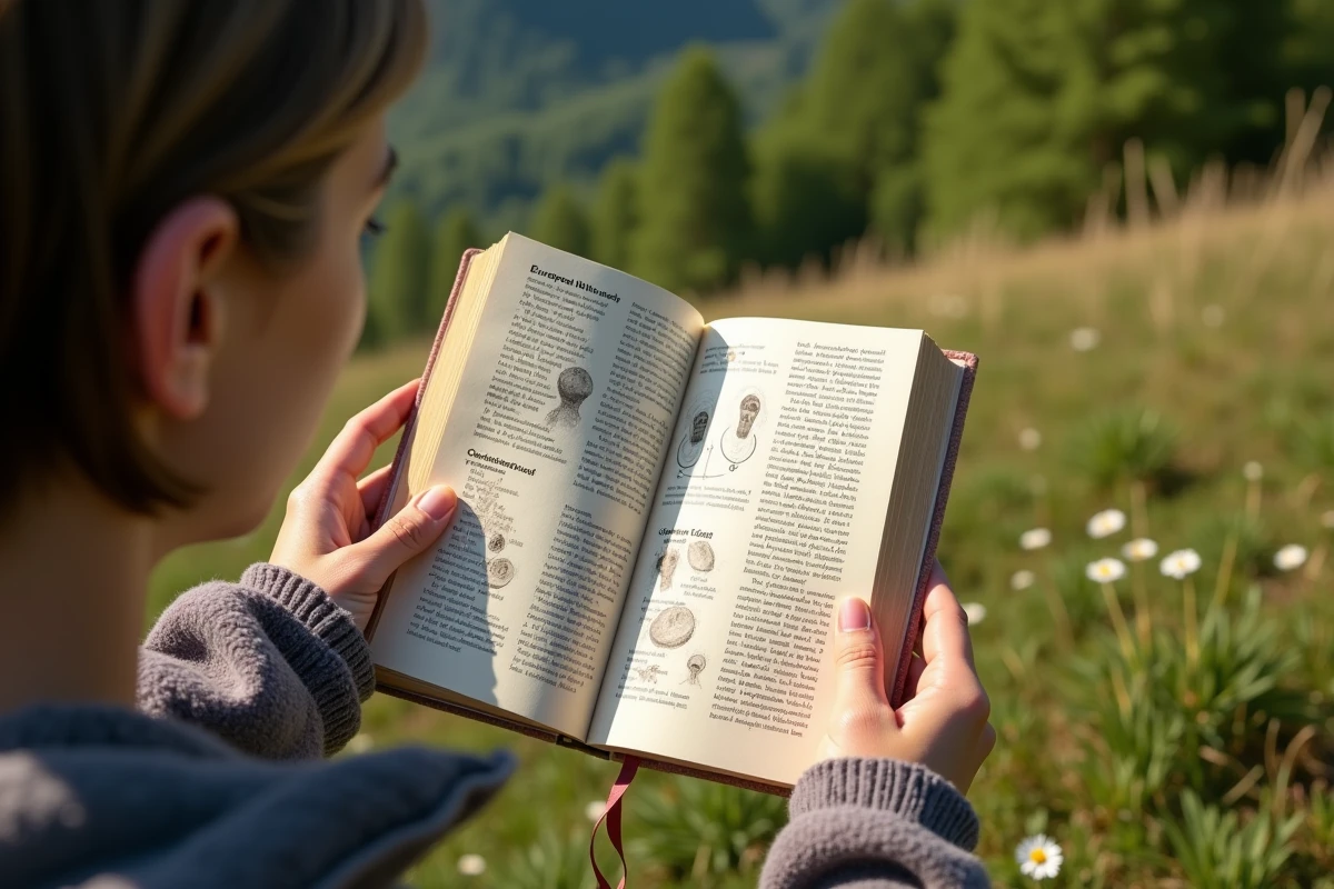 Jeune femme tenant un guide des traces et déjections animales en plein air