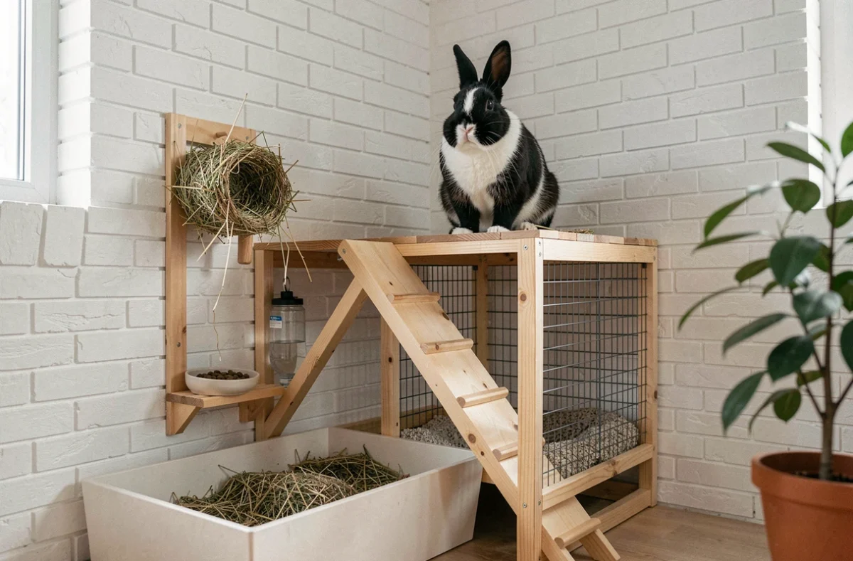 Coin habitat permanent pour lapin en appartement avec condo en bois, bac à litière en chanvre et distributeur de foin mural
