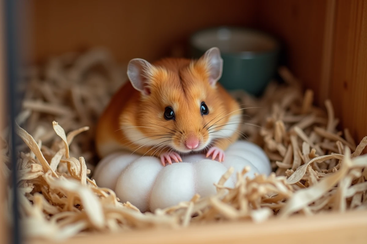 Hamster femelle enceinte en train de construire son nid dans une cage avec litière de coton et copeaux de bois pendant la période de gestation