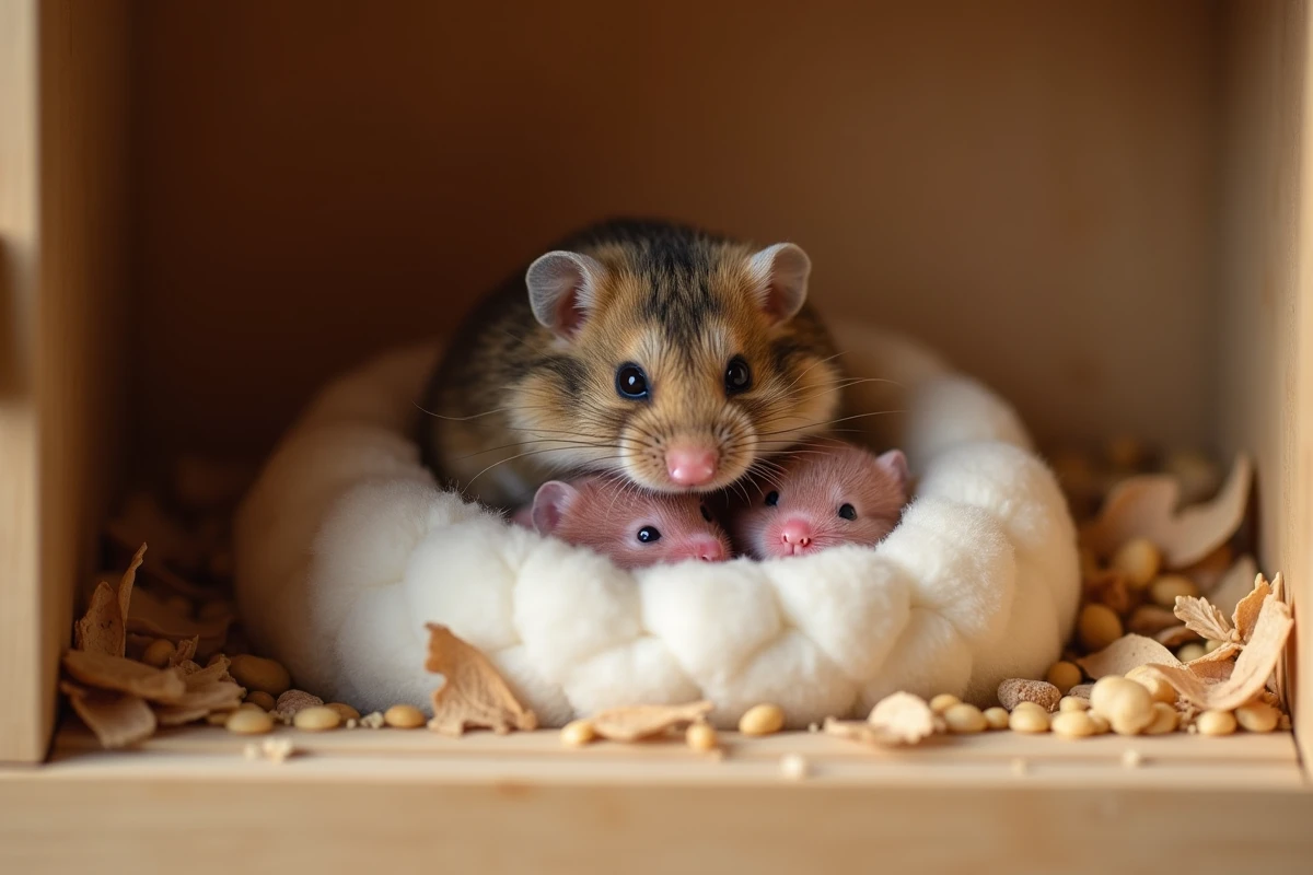 Mère hamster protégeant sa portée de bébés nouveau-nés dans un nid de coton après la période de gestation