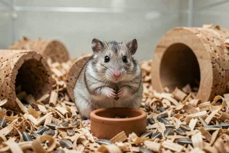 Hamster russe nain au pelage gris argenté tenant une graine dans ses pattes dans un habitat enrichi avec copeaux de bois et cachettes