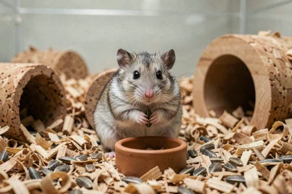 Hamster russe nain au pelage gris argenté tenant une graine dans ses pattes dans un habitat enrichi avec copeaux de bois et cachettes