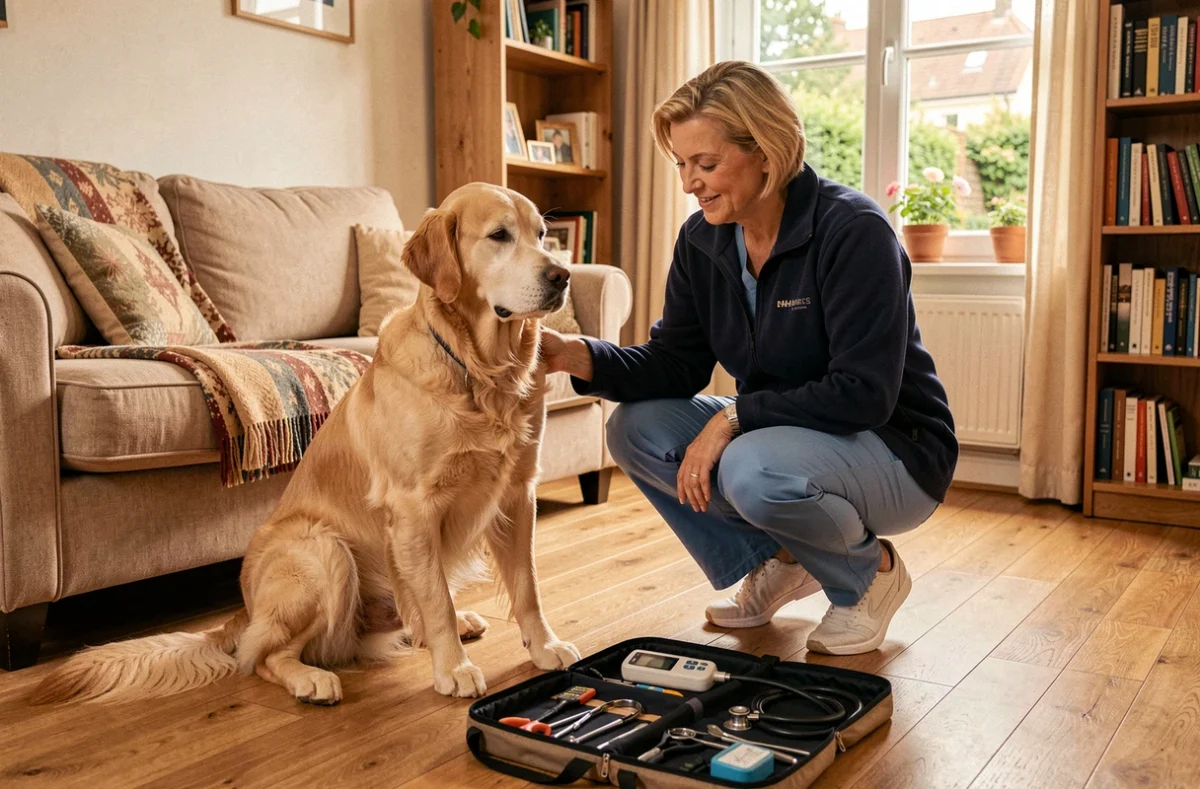 Vétérinaire à domicile Hestin-Wehner Marie soignant un vieux golden retriever dans un salon familial