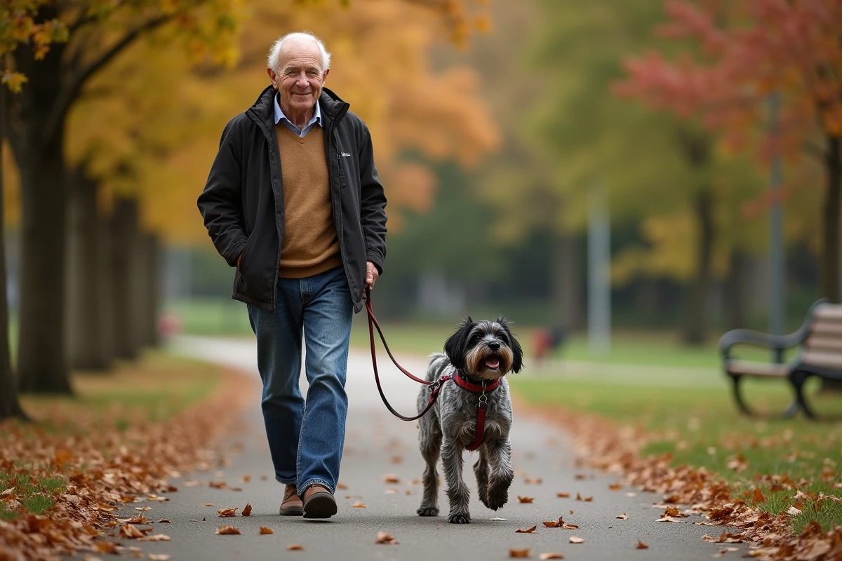 Homme âgé promenant un teckel arlequin dans un parc automnal