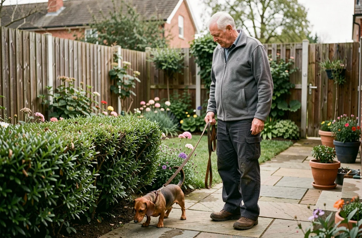 Homme âgé dans son jardin observant son teckel faire ses besoins près d'une haie