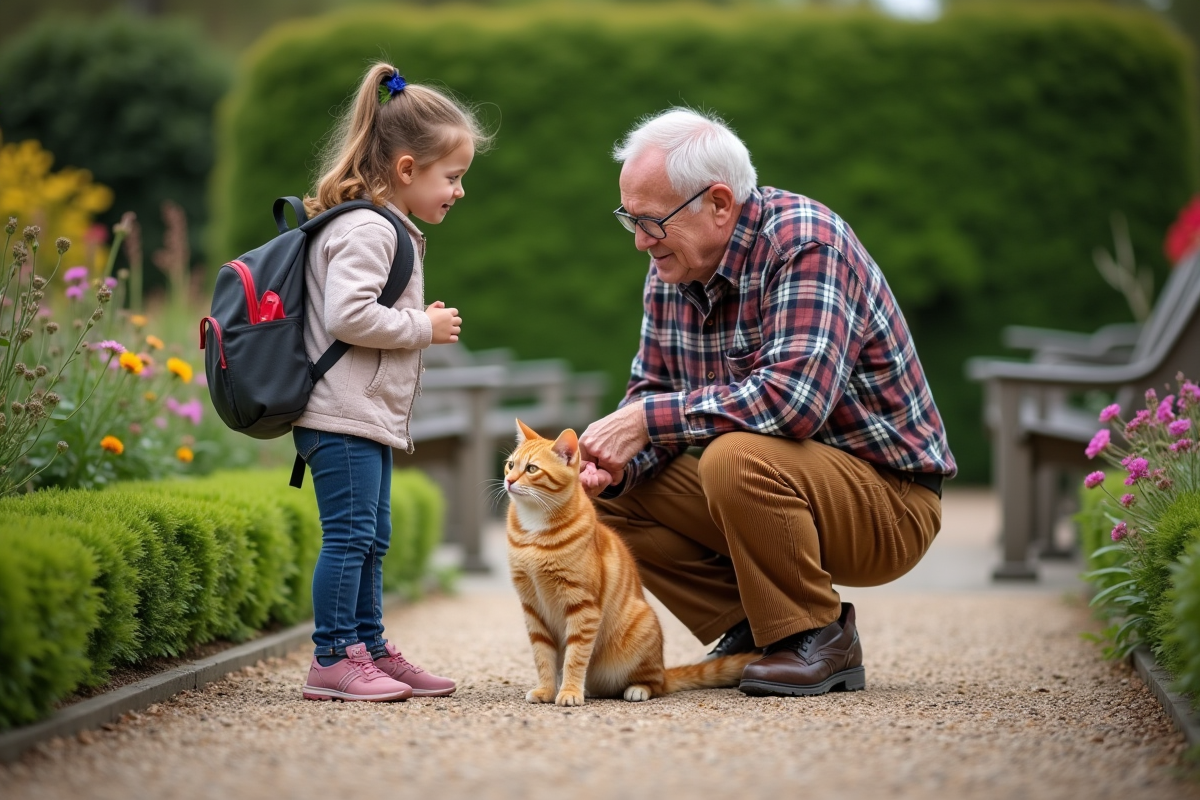 Homme âgé avec son chat dans un jardin communautaire