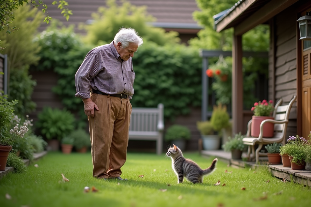 Homme âgé dans un jardin avec un chaton curieux