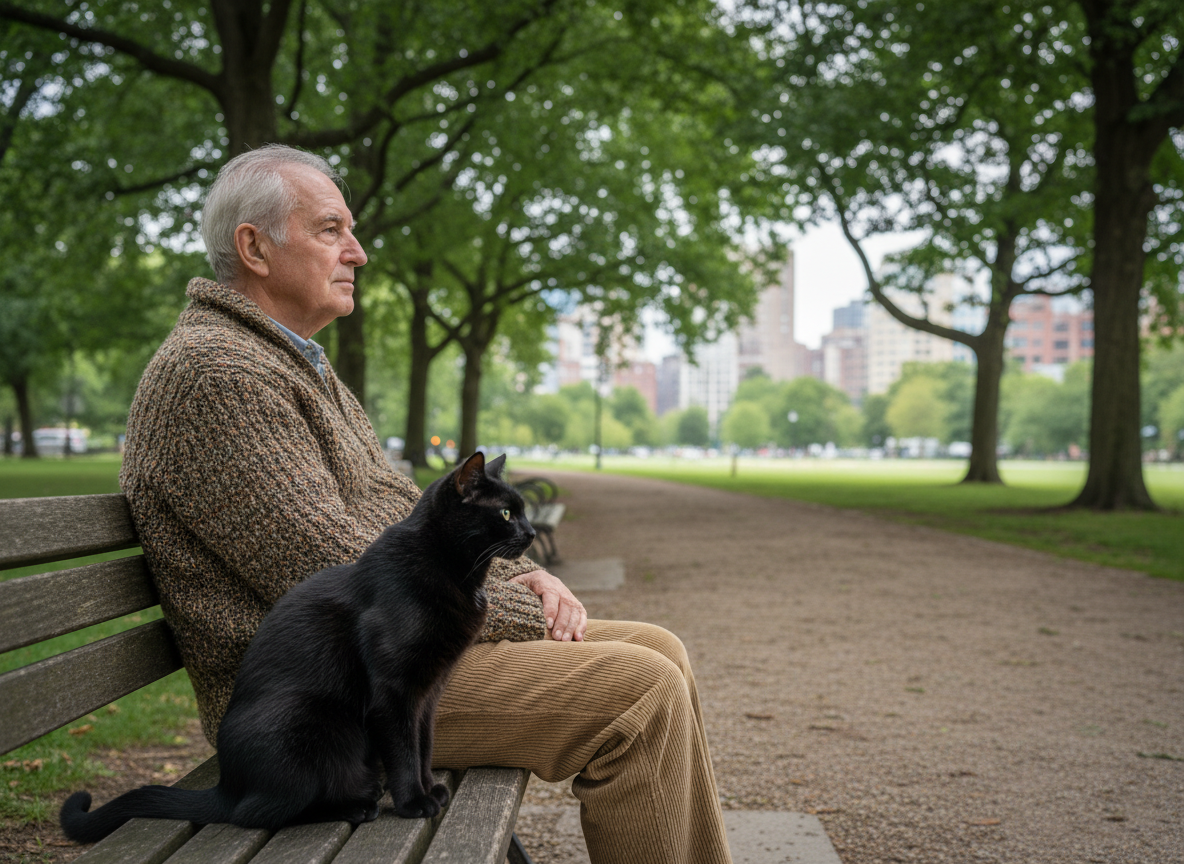 Homme âgé avec un chat noir sur un banc de parc