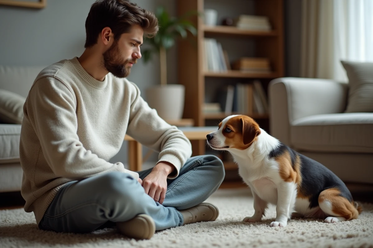 Jeune homme regardant un chien stressé dans un salon cosy