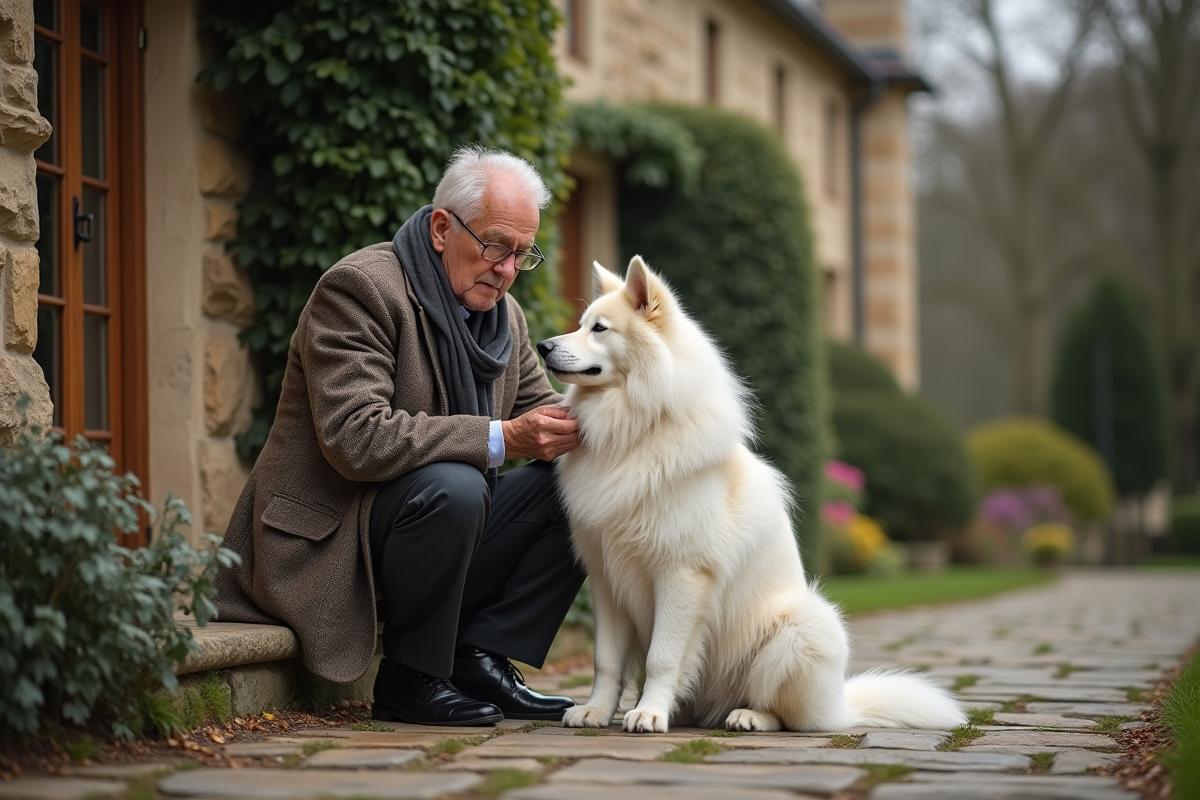 Homme âgé caressant un chien samoyed dans un jardin paisible