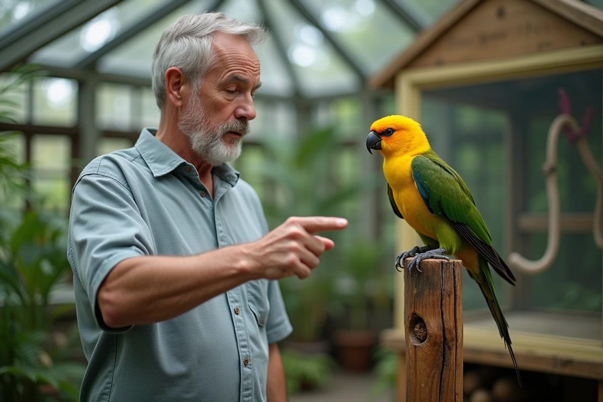 Homme pointant un kakariki jaune dans une serre lumineuse