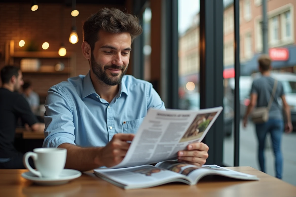 Homme en café lisant un article sur les animaux