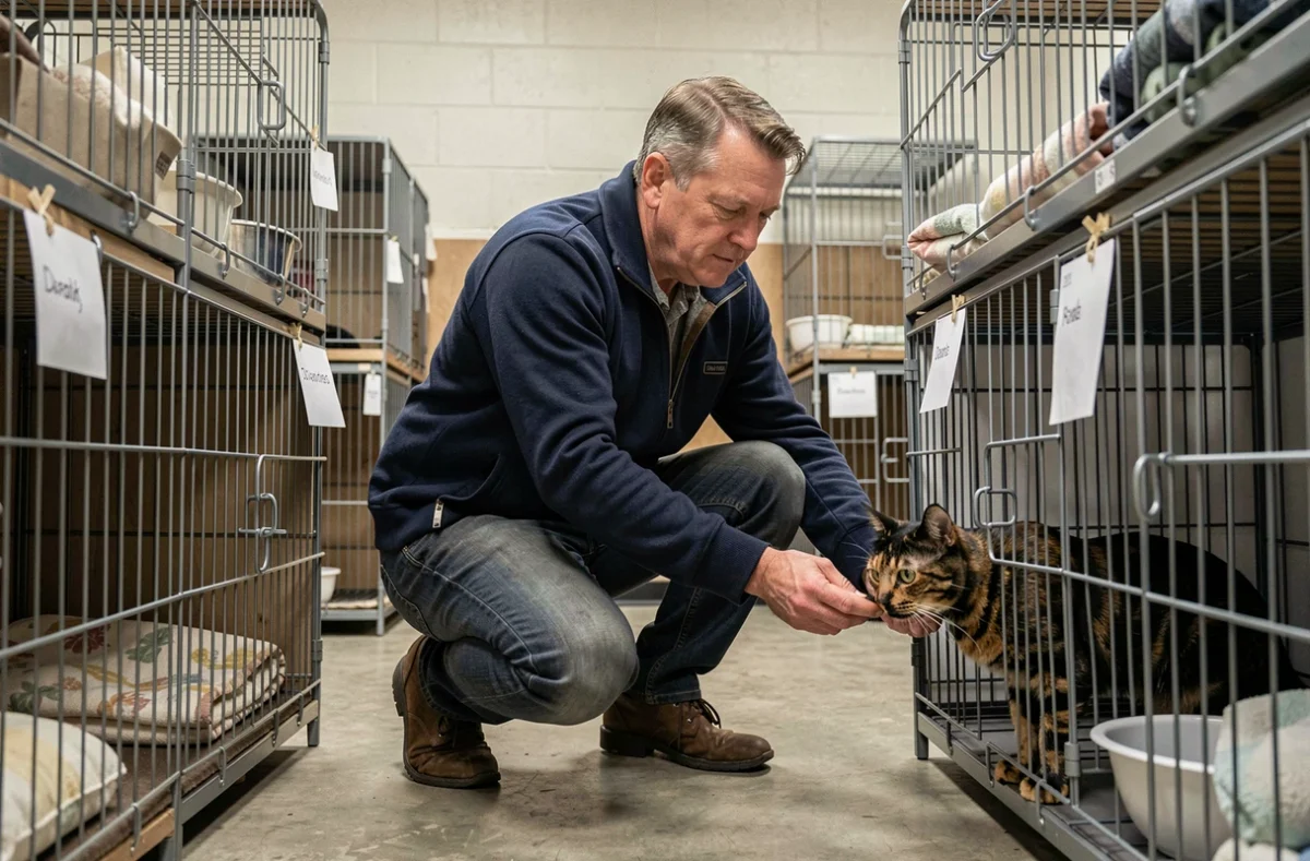 Homme approchant doucement un chat dans une cage d'adoption dans une clinique vétérinaire