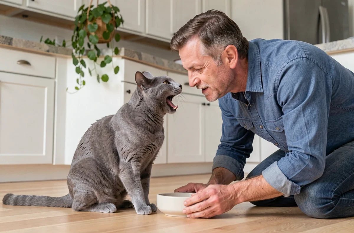 Homme à genoux dans une cuisine parlant à son chat gris qui miaule