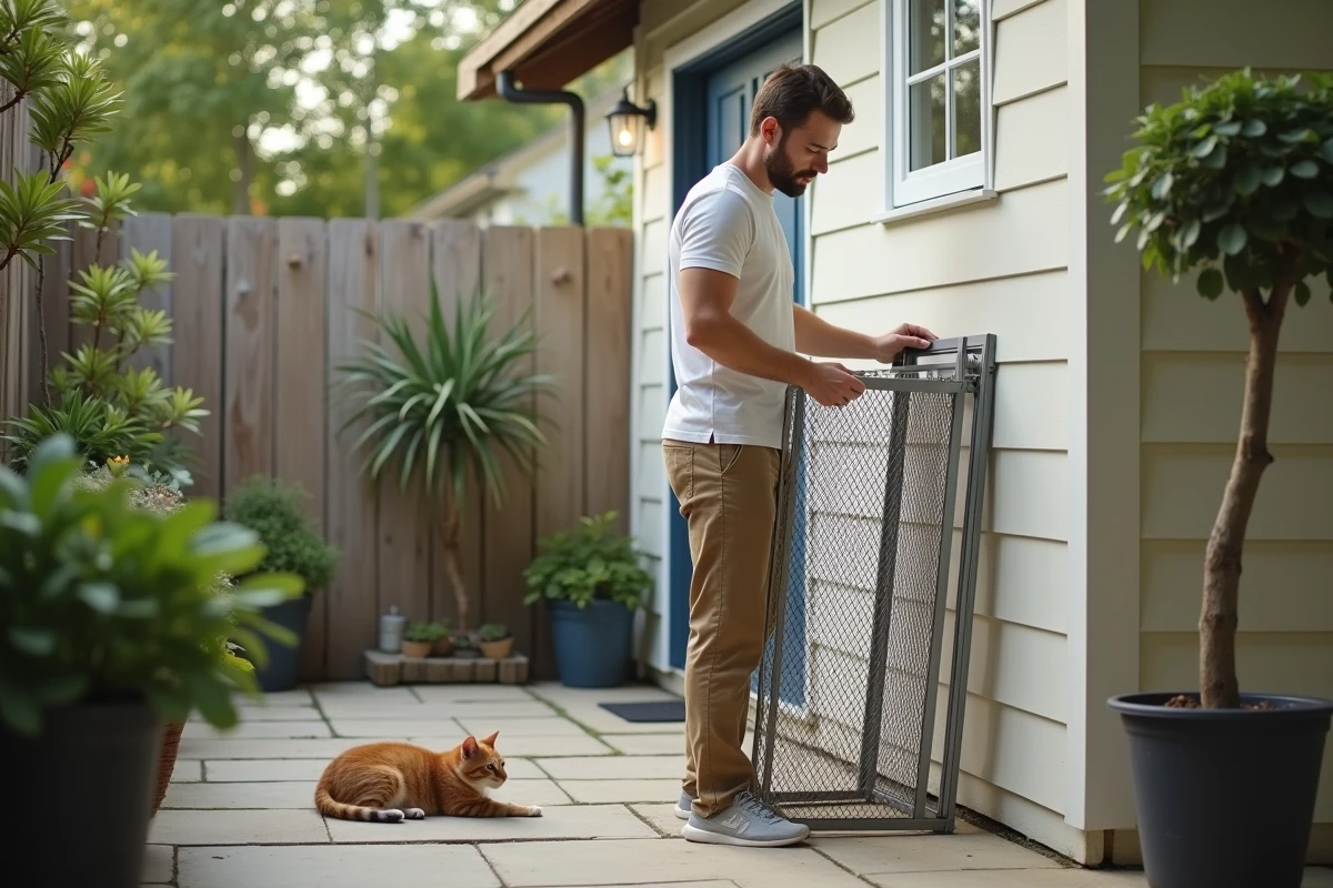 Jeune homme montre une trappe à chat pliée dans le jardin