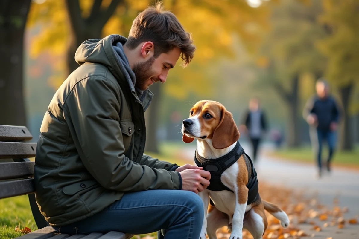 Jeune homme ajustant un harnais à un petit chien dans un parc