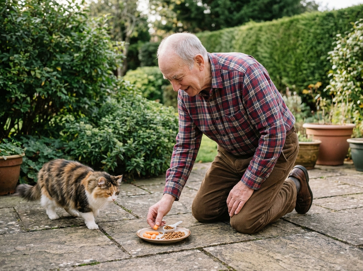 Homme âgé préparant des légumes pour son chat dans un jardin tranquille