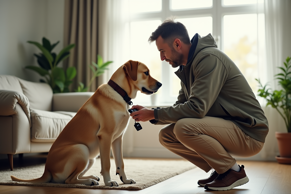Homme avec labrador et collier de suivi dans un salon lumineux