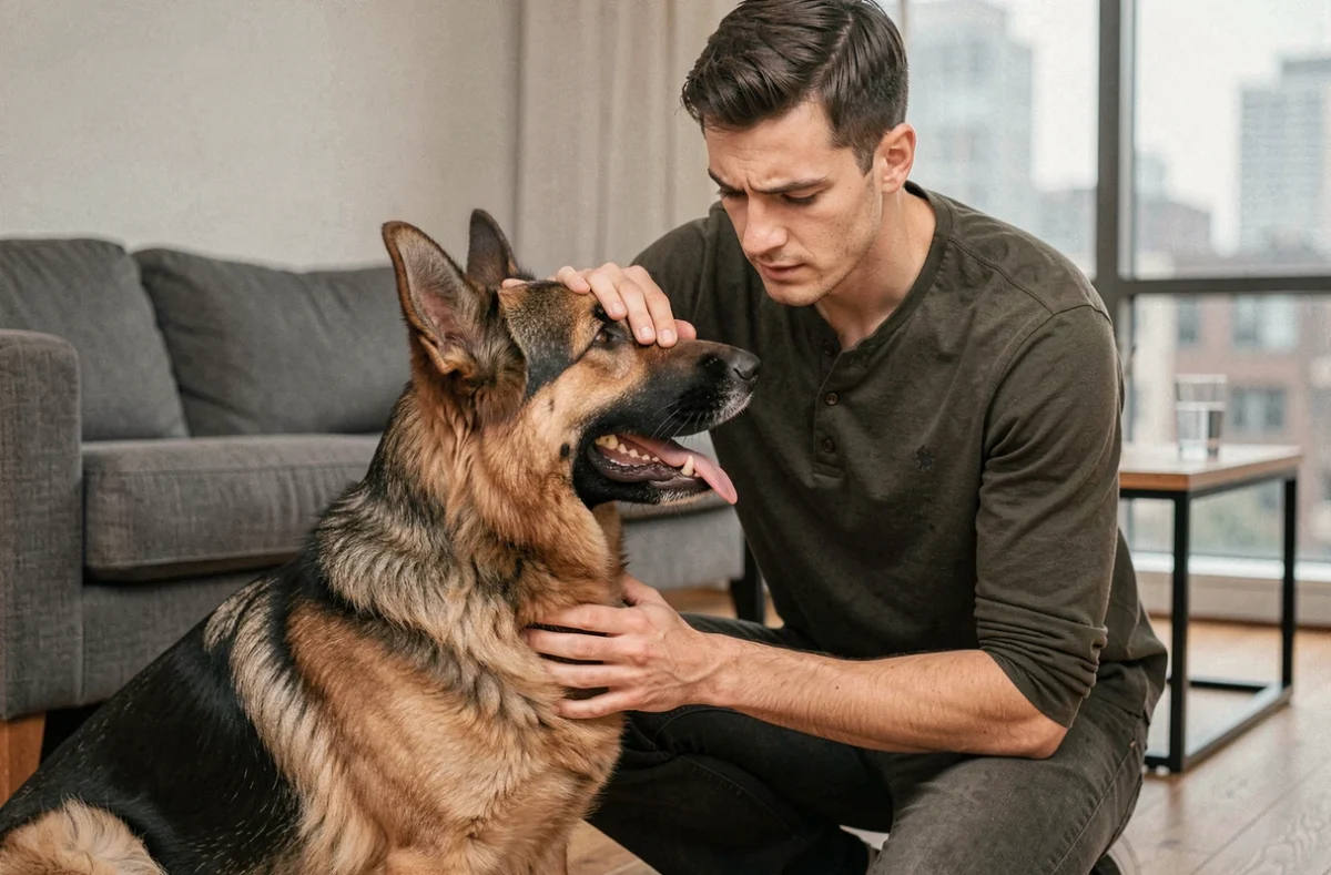 Homme inquiet observant son chien berger allemand haletant et vérifiant les signes de fièvre
