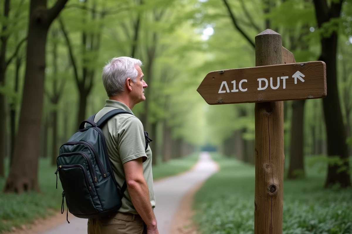 Homme lisant un panneau directionnel indiquant le chemin vers le zoo d'Annecy lors d'une balade à pied