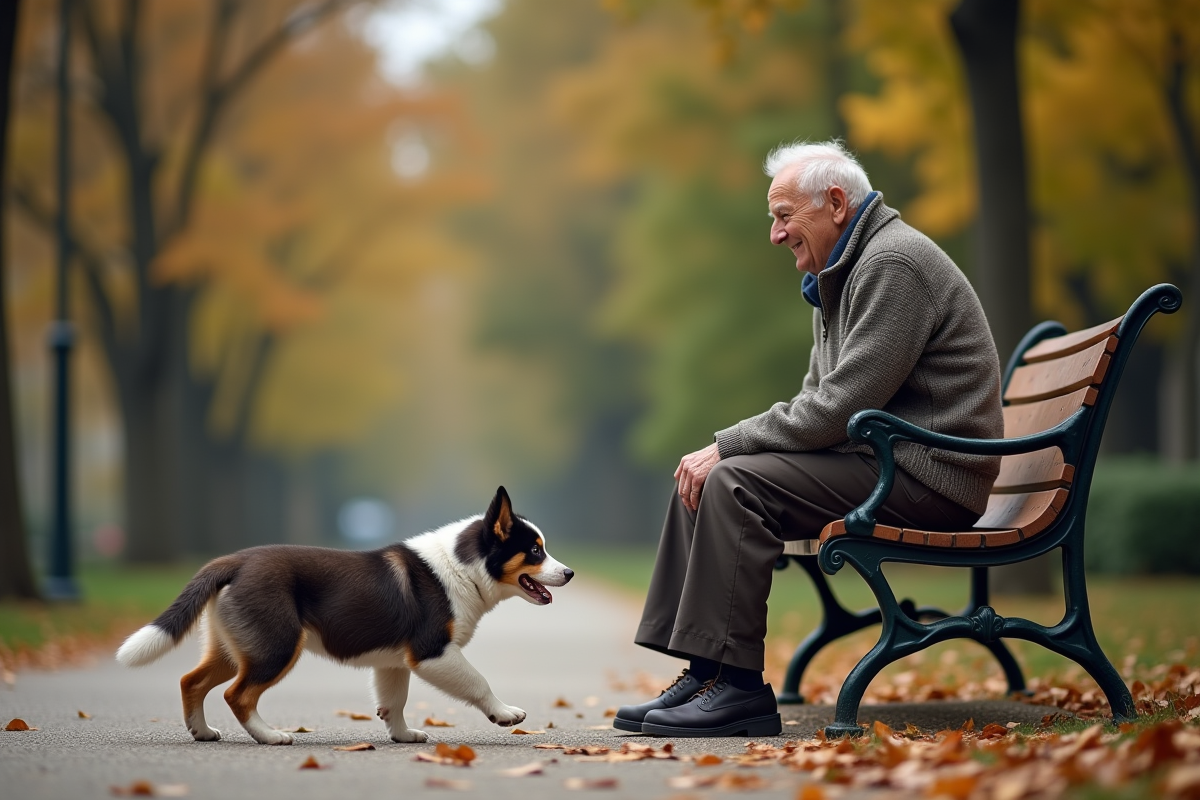 Homme âgé avec un chiot dans un parc en automne
