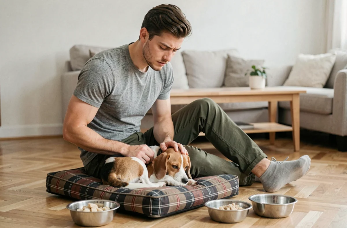 Jeune homme assis sur le sol de son appartement réconfortant son beagle malade couché sur son lit, avec une gamelle de nourriture adaptée à la diarrhée canine
