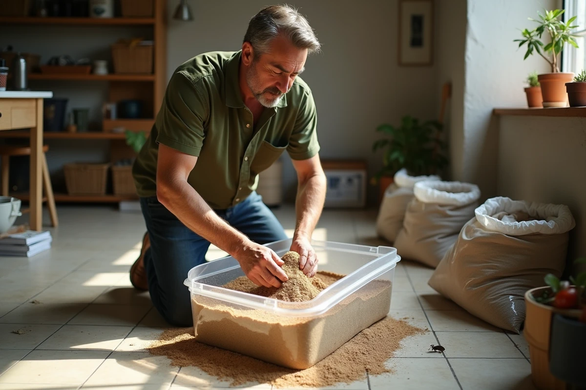 Homme remplaçant le substrat dans un kit à fourmis pratique