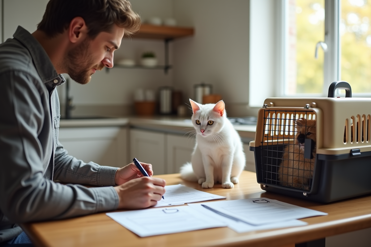 Homme remplit un contrat d adoption avec un chat dans la cuisine
