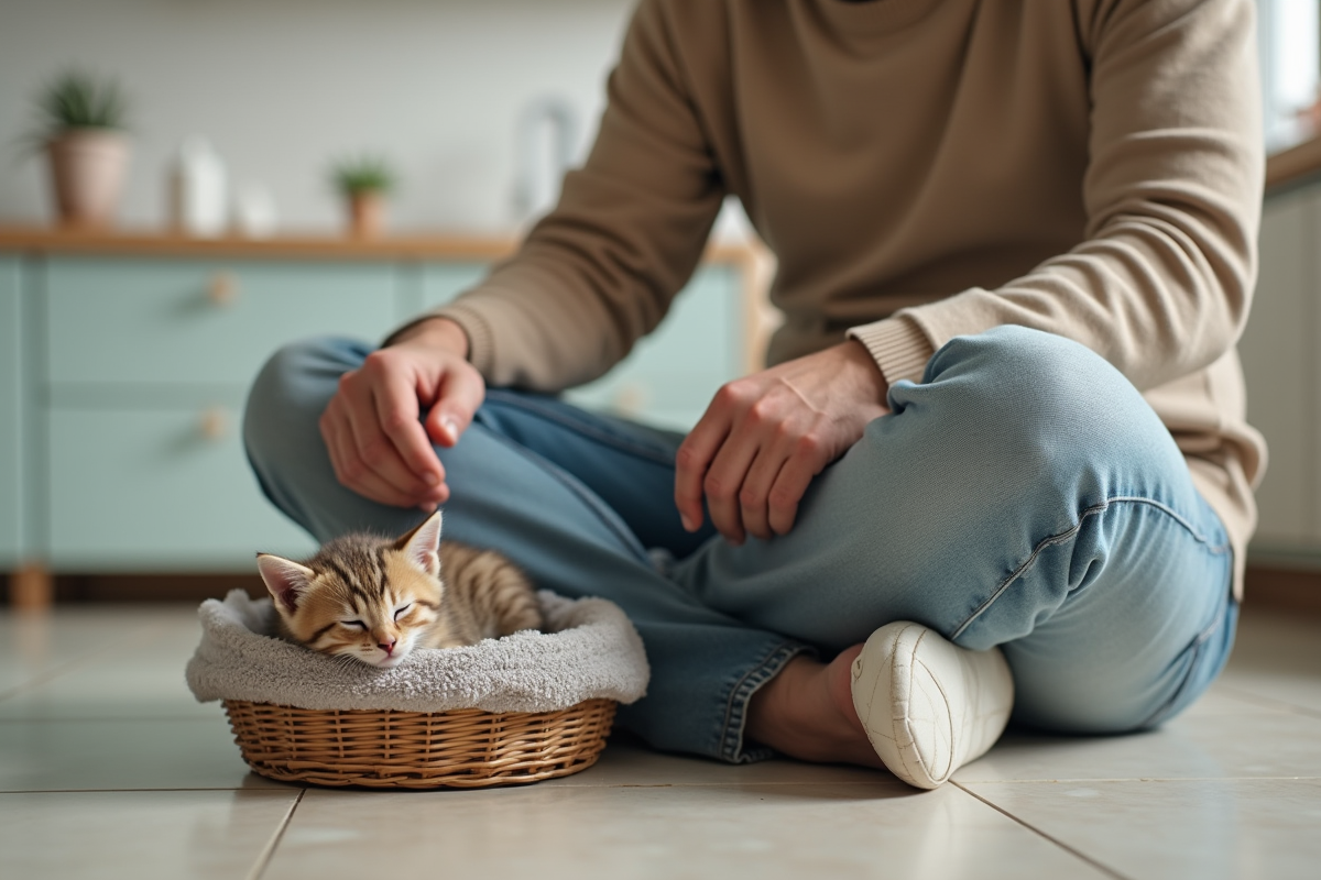 Homme regardant un chaton dans un panier en cuisine lumineuse
