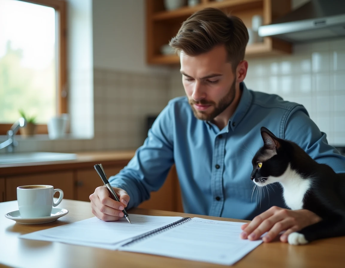 Jeune homme remplissant un contrat d'assurance pour son chat à la maison avec son animal de compagnie à ses côtés