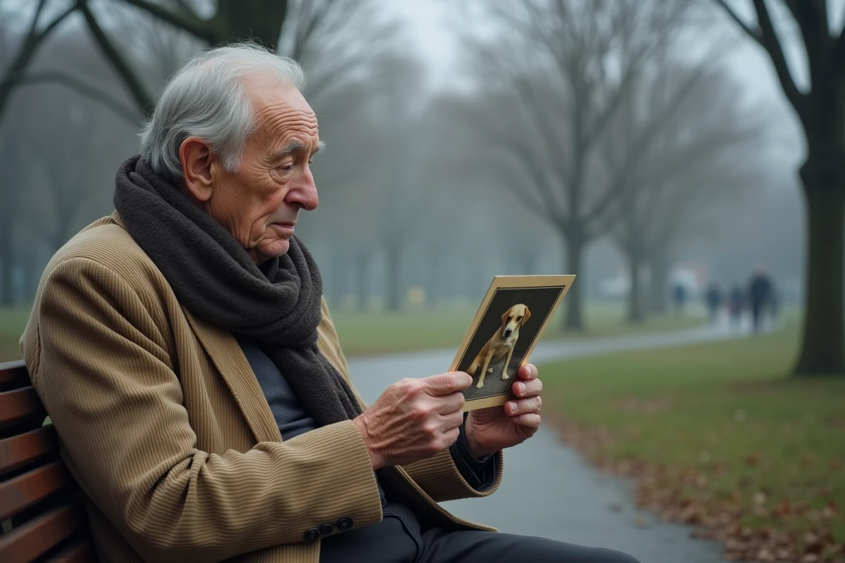 Vieil homme assis sur un banc tenant la photo de son chien disparu dans un parc en automne