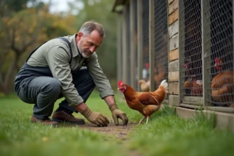 Homme en salopette inspectant une volière extérieure