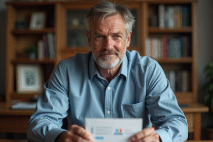 Homme d'âge moyen tenant un kit de test ADN dans un bureau chaleureux