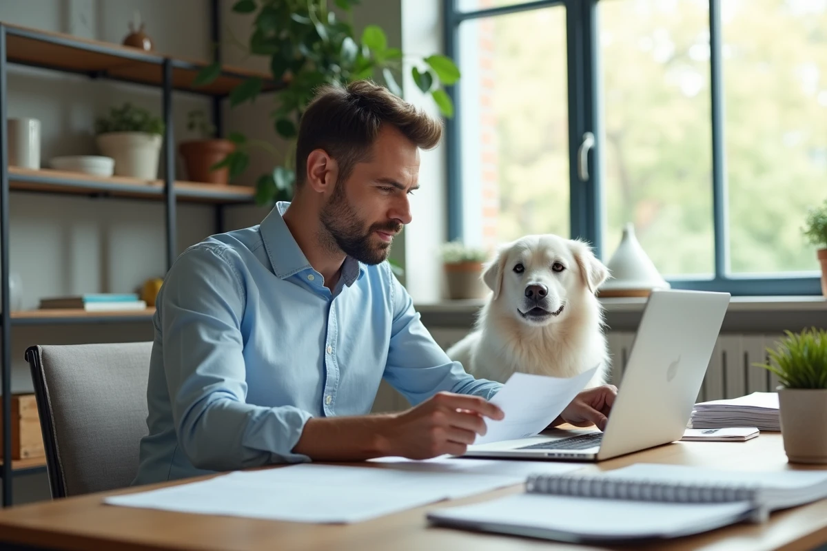 Homme d age au bureau avec chien blanc et documents