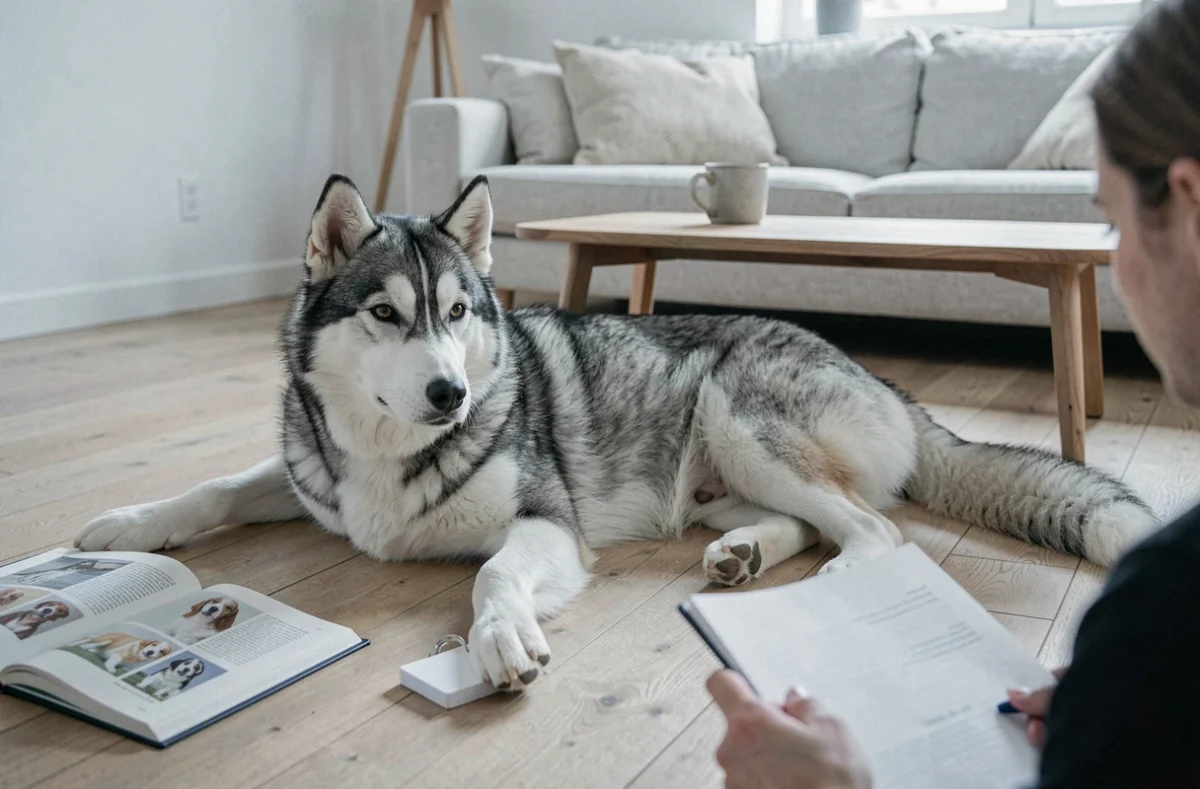 Husky sibérien allongé sur un parquet dans un salon scandinave moderne, propriétaire recherchant des races de chiens