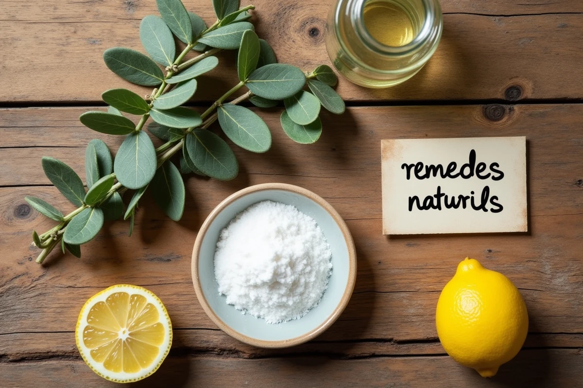 Vue de dessus d'ingrédients naturels pour repousser les insectes : vinaigre, eucalyptus, bicarbonate et citron sur bois rustique