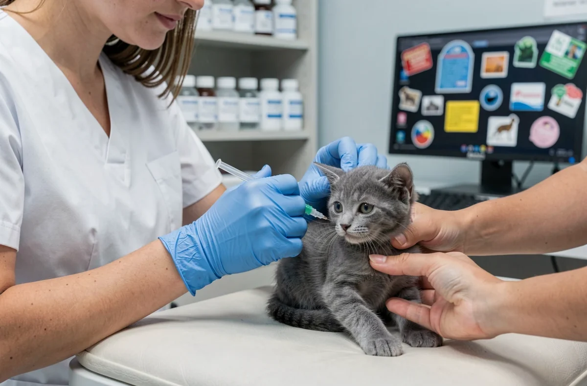 Technicienne vétérinaire administrant une injection vaccinale sous-cutanée à un chaton gris dans un cabinet vétérinaire
