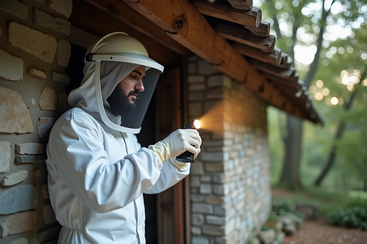 Technicien en combinaison de protection inspectant un nid de frelons noirs sous la toiture d'une ferme en pierre