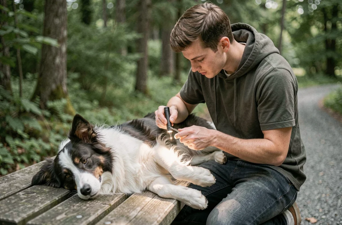 Propriétaire inspectant son chien pour des tiques après une promenade en forêt
