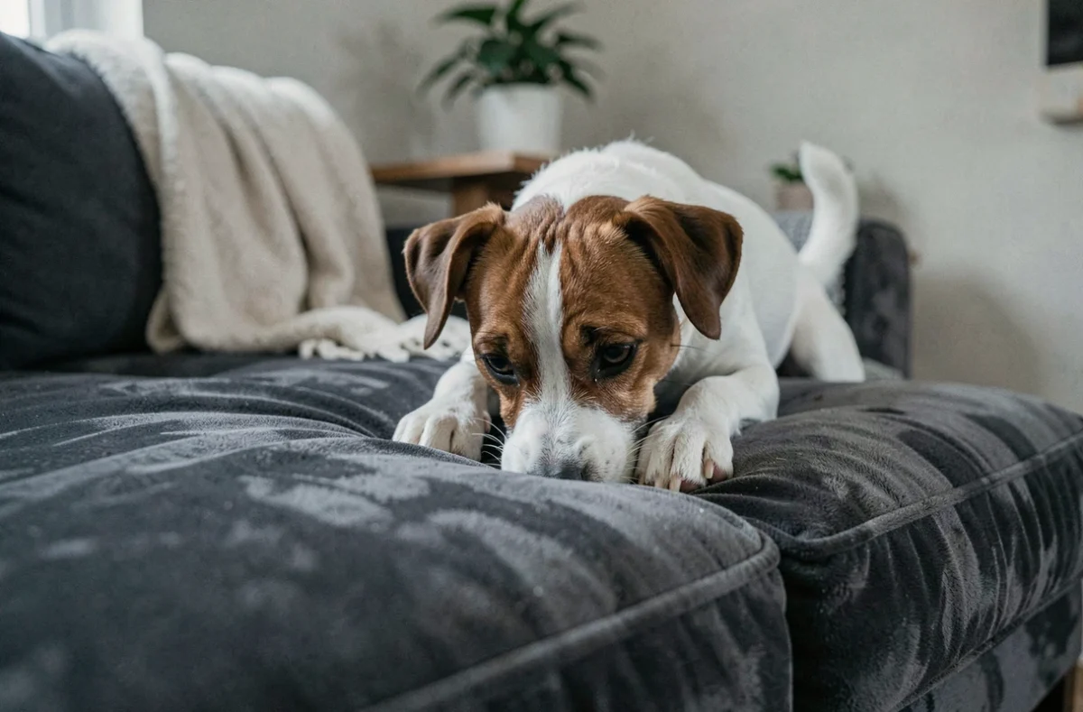 Petit chien Jack Russell qui gratte et tourne sur un coussin de canapé gris velours avant de se coucher