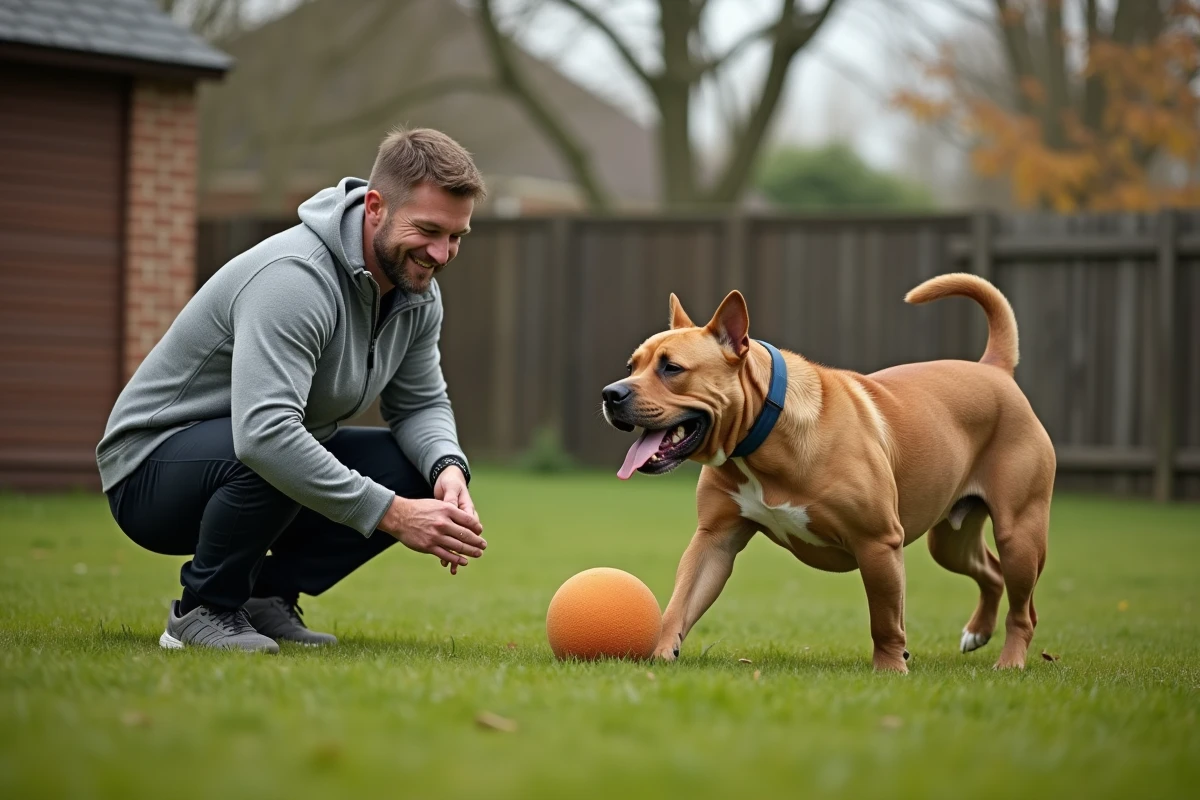 Homme encourageant son chien Bully XXL à jouer dans le jardin