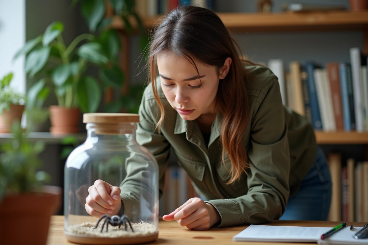 Jeune biologiste observant une petite araignee dans un terrarium