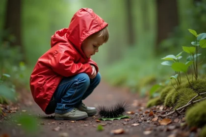 Jeune garçon en raincoat rouge observant une chenille noire