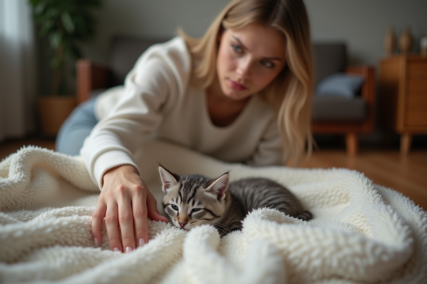 Jeune femme caressant un chaton dans un salon chaleureux
