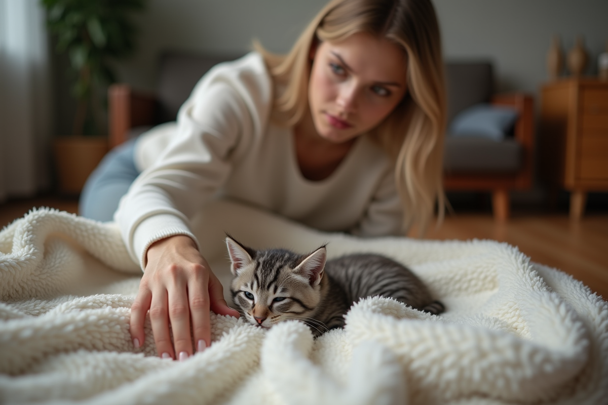 Jeune femme caressant un chaton dans un salon chaleureux